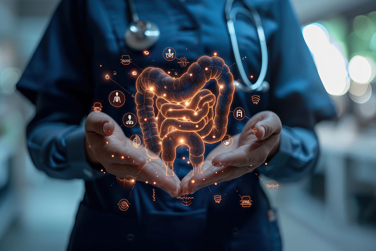 Doctor holding digital colon hologram, illustrating colorectal surgery in Singapore and colorectal cancer screening.